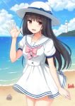  1girl :d bangs black_hair blue_bow blue_sky bow brown_eyes clouds cloudy_sky collarbone commentary_request cowboy_shot crab day dress eyebrows_visible_through_hair fingernails hand_up hat hat_bow lighthouse long_hair looking_at_viewer nakamura_sumikage ocean open_mouth original outdoors pink_bow puffy_short_sleeves puffy_sleeves sailor_collar sailor_dress short_sleeves sky smile solo very_long_hair white_dress white_hat white_sailor_collar 