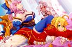  3girls altera_(fate) blanket blonde_hair breasts dark_skin dress fate/extella fate/extra fate_(series) japanese_clothes looking_at_viewer lying multiple_girls nero_claudius_(fate) nero_claudius_(fate)_(all) niandni on_stomach pink_hair red_dress red_eyes silver_hair tamamo_(fate)_(all) tamamo_no_mae_(fate) yellow_eyes 