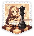  1girl :d argyle artist_name bangs black_legwear brown_eyes brown_hair checkerboard_cookie checkered checkered_dress chess_piece chibi commentary cookie dav-19 dress eyebrows_visible_through_hair food lace_background light_brown_hair long_hair long_sleeves looking_at_viewer multicolored_hair no_shoes open_mouth original pantyhose personification puffy_short_sleeves puffy_sleeves queen_(chess) short_over_long_sleeves short_sleeves smile solo standing very_long_hair watermark web_address wide_sleeves 