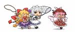  &gt;:d 3girls :d apron blonde_hair bow braid butterfly_net chains chibi closed_eyes crying crying_with_eyes_open full_body grey_hair hair_bow hand_net hat horns ibuki_suika izayoi_sakuya knife_in_head long_hair low-tied_long_hair maguro_(mawaru_sushi) maid_headdress multiple_girls mystia_lorelei open_mouth pink_hair rope simple_background smile tears touhou white_background wings 