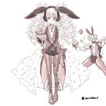  1boy 1girl alternate_costume alternate_hairstyle animal_ears bow bowtie brother_and_sister cleavage_cutout coattails easter_egg egg fake_animal_ears fire_emblem fire_emblem_heroes gloves greyscale holding insarability mask monochrome mysterious_man_(fire_emblem) pantyhose rabbit_ears siblings simple_background twintails twitter_username veronica_(fire_emblem) white_background 