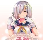  1girl asahi_(fullmetal_madness) ascot breasts cake closed_eyes collarbone eating food food_on_face gloves gradient gradient_background hair_ornament hair_over_one_eye hairclip hamakaze_(kantai_collection) kantai_collection large_breasts looking_at_viewer pink_background sailor_collar short_hair short_sleeves silver_hair sitting solo upper_body white_gloves 