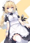  1girl alternate_costume apron bangs black_neckwear black_ribbon blonde_hair bow bowtie braid breasts buttons commentary dress enmaided eyebrows_visible_through_hair fate/apocrypha fate/grand_order fate_(series) garter_straps gradient_hair hair_bow hair_ribbon highres jeanne_d&#039;arc_(fate) jeanne_d&#039;arc_(fate)_(all) long_braid long_hair looking_at_viewer maid maid_headdress medium_breasts multicolored_hair puffy_short_sleeves puffy_sleeves ribbon short_sleeves single_braid skirt_hold smile solo standing thigh-highs tsunekichi two-tone_background very_long_hair violet_eyes white_apron white_legwear wing_collar wrist_cuffs 