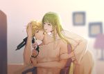  1boy abs androgynous bangs blonde_hair blunt_bangs blurry blurry_background chair collarbone earrings enkidu_(fate/strange_fake) eyebrows_visible_through_hair fate/grand_order fate/strange_fake fate_(series) gilgamesh green_eyes green_hair hair_dryer hand_on_another&#039;s_arm hand_on_own_head highres jewelry leaning_on_person long_hair long_sleeves nipples no_shirt partially_opened_mouth red_eyes robe rrr_(reason) short_hair sitting smile upper_body whispering white_robe wide_sleeves 