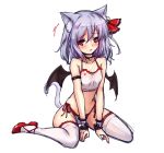  1girl amagi_(amagi626) animal_ears bare_arms bare_shoulders bat_wings bell bell_collar blush breasts cat_ears cat_tail collar collarbone commentary_request eyebrows_visible_through_hair hair_bell hair_between_eyes hair_ornament hair_ribbon kemonomimi_mode lavender_hair looking_at_viewer medium_hair midriff panties red_eyes red_footwear red_ribbon remilia_scarlet ribbon side-tie_panties simple_background sitting small_breasts solo tail thigh-highs touhou underwear wariza white_background white_legwear wings wrist_cuffs 