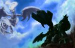  blue_sky clouds cloudy_sky day dutch_angle fighting_stance flying gen_5_pokemon geregere_(lantern) highres monster no_humans pokemon pokemon_(creature) reshiram sky zekrom 