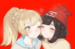  2girls beanie black_hair blonde_hair cheek-to-cheek closed_eyes green_eyes hat heart lillie_(pokemon) long_hair mizuki_(pokemon_sm) multiple_girls one_eye_closed pokemon pokemon_(game) pokemon_sm ponytail red_background red_hat short_hair simple_background smile yuri zuizi 