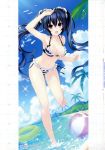  1girl absurdres ball barefoot beach beachball bikini black_hair breasts day hand_up highres innertube long_hair medium_breasts neptune_(series) noire outdoors red_eyes scan scrunchie side-tie_bikini smile solo striped striped_swimsuit swimsuit tsunako twintails very_long_hair water 