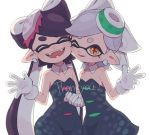  +_+ 2girls aori_(splatoon) black_dress black_hair black_jumpsuit brown_eyes closed_eyes commentary_request cousins cowboy_shot detached_collar domino_mask dress earrings english fangs food food_on_head gloves gomi_(kaiwaresan44) grey_hair hotaru_(splatoon) jewelry long_hair looking_at_viewer mask mole mole_under_eye multiple_girls object_on_head open_mouth parted_lips short_dress short_hair short_jumpsuit simple_background smile splatoon splatoon_1 standing strapless strapless_dress sushi tentacle_hair thank_you waving white_background white_gloves 