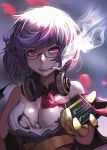  1girl black_gloves blurry blurry_background breasts cigarette collared_shirt eto_(nistavilo2) girls_frontline glasses gloves headphones necktie red_eyes shirt short_hair silver_hair smoke thompson_submachine_gun_(girls_frontline) 