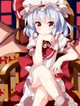  1girl ascot bat_wings blue_hair blush brooch chair chin_rest commentary_request cup dress drinking_glass frilled_shirt_collar frills hat hat_ribbon highres holding holding_drinking_glass jewelry legs_crossed looking_at_viewer mob_cap puffy_short_sleeves puffy_sleeves red_eyes red_neckwear red_ribbon remilia_scarlet ribbon ruu_(tksymkw) short_sleeves sitting solo touhou white_dress wine_glass wings 