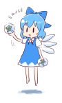  1girl barefoot blue_hair bow cirno commentary_request dai-oki dress floating frog frozen_frog hair_bow ice ice_wings neck_ribbon open_mouth ribbon short_hair short_sleeves simple_background solo touhou translation_request white_background wings |_| 