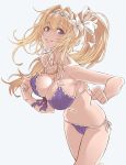  1girl bangs bikini blonde_hair blue_eyes breasts clenched_hands flower front-tie_bikini front-tie_top granblue_fantasy grey_background hair_flower hair_intakes hair_ornament hairband highres jeanne_d&#039;arc_(granblue_fantasy) large_breasts lily_(flower) long_hair looking_at_viewer parted_lips ponytail purple_bikini running side-tie_bikini sieru simple_background smile solo strap_gap string_bikini swimsuit white_flower 