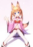  1girl animal_ears bare_shoulders bell black_footwear blonde_hair blue_eyes blush bow collarbone commentary_request detached_sleeves fox_ears fox_girl fox_tail gradient gradient_background hair_bell hair_ornament highres jingle_bell kemomimi_vr_channel knees_together_feet_apart long_hair long_sleeves looking_at_viewer mikoko_(kemomimi_vr_channel) momoshiki_tsubaki navel panties parted_lips pink_background pleated_skirt red_bow red_skirt revision ribbon-trimmed_legwear ribbon_trim sitting skirt solo tabi tail thigh-highs twintails underwear virtual_youtuber white_background white_legwear white_panties wide_sleeves zouri 