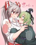  ... 2girls blush bow closed_mouth collared_shirt dress eye_contact eyebrows_visible_through_hair face-to-face fujiwara_no_mokou green_dress green_eyes green_hair grey_hair hair_between_eyes hair_bow hands_on_another&#039;s_shoulders hat heart kuroba_rapid long_hair long_sleeves looking_at_another multiple_girls open_mouth ponytail red_eyes shirt short_hair sleeves_rolled_up soga_no_tojiko spoken_ellipsis suspenders tate_eboshi touhou upper_body white_shirt wing_collar yuri 