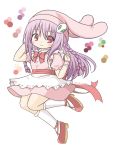  1girl animal_hat apron arm_up bangs blush bow braid bunny_hat closed_mouth dress eyebrows_visible_through_hair frilled_apron frills hair_between_eyes hair_bow hand_up hat kneehighs long_hair looking_at_viewer original pink_dress pink_eyes pink_hat puffy_short_sleeves puffy_sleeves purple_hair red_bow red_footwear red_ribbon ribbon rinechun short_sleeves smile snow_bunny solo twin_braids twitter_username very_long_hair white_apron white_background white_legwear wrist_cuffs 