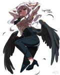  1girl absurdres adjusting_hair bird_wings black_wings character_name commentary_request dress_shirt flying hands_on_head high_heels highres idolmaster long_hair looking_at_viewer looking_down pants shijou_takane shirt signature silver_hair solo tuxedo_de_cat violet_eyes wavy_hair wings 