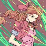  aerith_gainsborough bow braid brown_hair commentary crisis_core_final_fantasy_vii cropped_jacket dress final_fantasy final_fantasy_vii green_eyes hair_ribbon long_dress long_hair looking_down nishii_terumi pink_bow pink_dress portrait ribbon single_braid sketch wind 