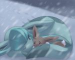  2008 aqua_eyes black_eyes creature eevee footprints full_body gen_1_pokemon gen_4_pokemon glaceon glitchedpuppet lowres lying no_humans on_stomach one_eye_closed outdoors pokemon pokemon_(creature) signature snow snowing winter 