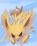  2008 angry blue_background commentary creature eevee falling full_body furrowed_eyebrows gen_1_pokemon glitchedpuppet jolteon lowres no_humans open_mouth pokemon pokemon_(creature) running signature teeth yellow_eyes 