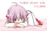  1girl ahoge bangs bed_sheet blush braid character_name commentary_request copyright_name covered_mouth cyclamen_(flower_knight_girl) dress eyebrows_visible_through_hair flower_knight_girl hair_between_eyes hair_ribbon long_sleeves looking_at_viewer lying on_stomach pink_ribbon purple_hair ribbon rinechun short_hair solo twitter_username violet_eyes white_background white_dress wide_sleeves 