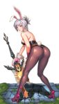  1girl animal_ears ass bangs bare_shoulders battle_bunny_riven black_leotard blue_eyes breasts bunny_tail bunnysuit detached_collar eyebrows_visible_through_hair fake_animal_ears full_body gloves hairband hand_on_own_thigh high_heels highres holding holding_sword holding_weapon league_of_legends leaning_forward leotard lips looking_back medium_breasts moss pantyhose parted_lips paw_gloves paws pink_footwear rabbit_ears riven_(league_of_legends) shiny shiny_clothes shiny_skin short_hair sideboob silver_hair simple_background single_glove solo standing stone_floor strapless strapless_leotard sword tail tsurime turna98 weapon white_background white_gloves white_hairband 