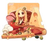  1girl artist_name blonde_hair blush brown_dress brown_eyes brown_legwear cheese chibi closed_mouth dav-19 dress food food_themed_clothes ham head_tilt in_food lace_background long_hair looking_at_viewer mushroom no_shoes olive original own_hands_together personification pizza sleeveless sleeveless_dress slice_of_pizza smile solo standing swiss_cheese thigh-highs tomato transparent_background v_arms very_long_hair watermark web_address 