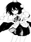  1girl cowboy_shot greyscale hands_on_hips hat leaning_forward looking_at_viewer maguro_(mawaru_sushi) monochrome neck_ribbon pom_pom_(clothes) ribbon shameimaru_aya short_hair simple_background smile solo tokin_hat touhou white_background wings 