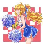  1girl ahoge blonde_hair cheerleader commentary_request grin hair_ribbon iesupa one_eye_closed pom_poms prosthesis prosthetic_arm ribbon rwby smile solo tied_hair violet_eyes yang_xiao_long 