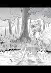  1girl barefoot bow cirno dress forest grass greyscale highres monochrome nature sitting sitting_on_rock touhou tree wings yrjxp065 