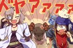  &gt;:d 1boy 2girls anger_vein animal animal_on_head bandanna brown_hair character_request clenched_hands closed_eyes earrings fingerless_gloves gloves goat goo_girl green_eyes grey_hair hero_(merc_storia) jewelry maguro_(mawaru_sushi) merc_(merc_storia) merc_storia monocle monster_girl multiple_girls on_head ring running short_hair 