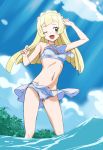  1girl absurdres bikini blonde_hair clouds green_eyes highres lillie_(pokemon) long_hair navel one_eye_closed ontaros open_mouth pokemon pokemon_(anime) pokemon_sm_(anime) sarong sky solo swimsuit water 