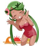  1girl closed_eyes dark_skin flower green_hair grin hair_flower hair_ornament highres leotard long_hair mallow_(pokemon) ookamiuo pokemon pokemon_(game) pokemon_sm red_leotard simple_background smile solo strapless strapless_leotard trial_captain twintails white_background 