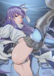  1girl armor armored_boots artist_name blue_eyes boots crotch_plate eyebrows_visible_through_hair fate/extra fate/extra_ccc fate/grand_order fate_(series) hair_ribbon juliet_sleeves leg_up long_hair long_sleeves looking_at_viewer meltlilith one_leg_raised puffy_sleeves purple_hair revealing_clothes ribbon smile solo thighs white_coat white_ribbon you06 