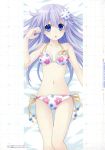  1girl absurdres bangs bed_sheet bikini blush collarbone d-pad d-pad_hair_ornament eyebrows_visible_through_hair floral_print hair_ornament highres long_hair lying navel nepgear neptune_(series) official_art on_back open_mouth purple_hair scan shiny shiny_skin solo swimsuit tsunako violet_eyes wet 