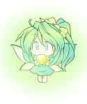  1girl 216 ahoge ball barefoot blush bow chibi covered_mouth daiyousei eyebrows_visible_through_hair fairy_wings full_body glowing gradient gradient_background green green_background green_eyes green_hair hair_bow holding looking_at_viewer shirt short_hair short_sleeves side_ponytail simple_background skirt skirt_set solo touhou vest white_shirt wings 