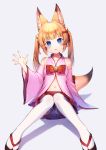  1girl animal_ears bare_shoulders bell black_footwear blonde_hair blue_eyes blush bow collarbone commentary_request detached_sleeves fox_ears fox_girl fox_tail grey_background hair_bell hair_ornament highres jingle_bell kemomimi_vr_channel knees_together_feet_apart long_hair long_sleeves looking_at_viewer mikoko_(kemomimi_vr_channel) momoshiki_tsubaki navel panties parted_lips pleated_skirt red_bow red_skirt ribbon-trimmed_legwear ribbon_trim sitting skirt solo tabi tail thigh-highs twintails underwear virtual_youtuber white_legwear white_panties wide_sleeves zouri 