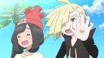  1boy 1girl beanie black_hair blonde_hair closed_eyes clouds gladio_(pokemon) green_eyes hair_over_one_eye hat long_sleeves miu_(miuuu_721) mizuki_(pokemon_sm) open_mouth palm_tree parody pokemon pokemon_(anime) red_hat short_hair sky style_parody tree 