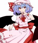  1girl bat_wings blood blood_on_face bloody_clothes bloody_hands blue_hair cravat hat maguro_(mawaru_sushi) mob_cap pointy_ears red_eyes remilia_scarlet short_hair simple_background solo touhou white_background wings 