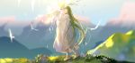  absurdres androgynous animal barefoot bird blurry blurry_background closed_eyes enkidu_(fate/strange_fake) fate/grand_order fate/strange_fake fate_(series) feathers full_body grass green_hair highres long_hair long_sleeves mountain robe rrr_(reason) sky standing very_long_hair white_legwear white_robe 