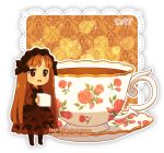  1girl :d artist_name bangs black_legwear blush brown_dress brown_eyes brown_hair chibi commentary cup dav-19 dress eyebrows_visible_through_hair floral_print food holding holding_food lace_background long_hair open_mouth original pantyhose personification print_cup saucer see-through see-through_silhouette smile solo standing sugar_cube tea teacup transparent_background very_long_hair watermark web_address 