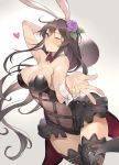  1girl absurdres animal_ears arm_up bare_shoulders black_hair black_legwear breasts brown_hair cleavage closed_mouth commentary_request covered_navel cowboy_shot fake_animal_ears floating_hair flower granblue_fantasy hair_flower hair_ornament hairband hand_up heart highres holding holding_tray kakage large_breasts long_hair looking_at_viewer one_eye_closed psd_available rabbit_ears rose rosetta_(granblue_fantasy) solo thigh-highs thighs tray tsurime violet_eyes wrist_cuffs 
