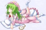  1girl aka_tawashi blue_background blush bow commentary_request crescent_print dress eyebrows_visible_through_hair frills green_eyes green_hair hat kazami_yuuka kazami_yuuka_(pc-98) long_hair long_sleeves looking_at_viewer lying neck_bow nightcap nightgown no_shoes on_stomach one_eye_closed one_leg_raised pillow pink_dress pocket_watch red_bow red_neckwear simple_background smile socks solo star star_print touhou touhou_(pc-98) watch white_legwear 