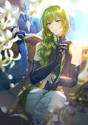  absurdres androgynous bangs bare_shoulders bird braid crop_top earrings elbow_gloves enkidu_(fate/strange_fake) eyebrows_visible_through_hair fate/grand_order fate/strange_fake fate_(series) feathers flower gloves green_eyes green_hair highres jewelry long_hair looking_at_viewer pants partially_opened_mouth peacock peacock_feathers rrr_(reason) single_braid sitting very_long_hair white_pants 