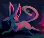  2011 brown_eyes closed_mouth commentary commission creature dark deviantart_sample espeon forest full_body gem gen_2_pokemon glitchedpuppet grass image_sample looking_back nature no_humans outdoors pokemon pokemon_(creature) running signature solo tree 