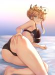  1girl artoria_pendragon_(all) ass bangs bare_legs bed_sheet black_bra black_panties blonde_hair bra braid breasts closed_mouth crown eyebrows_visible_through_hair fate/grand_order fate_(series) french_braid green_eyes hair_between_eyes hair_bun half-closed_eyes hand_on_own_ass highres large_breasts lingerie looking_at_viewer looking_back mashu_003 panties sidelocks smile solo thighs tsurime underwear underwear_only 