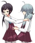  2girls :d ahoge asymmetrical_bangs bangs black_hair black_ribbon blue_neckwear blunt_bangs blush bow bowtie braid brown_eyes commentary dress flying_sweatdrops fujinami_(kantai_collection) green_hair grey_hair grey_legwear hair_ribbon halterneck hamanami_(kantai_collection) hands_on_another&#039;s_shoulders highres kantai_collection kitagawa_(ktgw_116) long_hair long_sleeves looking_away multiple_girls open_mouth pantyhose pleated_skirt purple_hair pushing_away ribbon school_uniform shirt side_ponytail simple_background skirt sleeveless sleeveless_dress smile white_background white_ribbon white_shirt yellow_eyes 