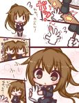  1girl :d =_= bangs black_serafuku black_shirt black_skirt blowing blush brown_eyes brown_hair closed_eyes closed_mouth comic commentary_request crescent crescent_moon_pin eyebrows_visible_through_hair flying_sweatdrops fumizuki_(kantai_collection) hair_between_eyes hammer high_ponytail holding holding_hammer kantai_collection komakoma_(magicaltale) long_hair long_sleeves nail necktie open_mouth parted_lips pleated_skirt ponytail school_uniform serafuku shirt skirt smile translation_request trembling very_long_hair wavy_mouth white_neckwear ||_|| 