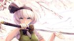  1girl black_bow black_hairband black_neckwear black_ribbon blue_eyes bow breasts cherry_blossoms commentary_request green_vest hair_ribbon hairband hand_up holding holding_sword holding_weapon katana konpaku_youmu looking_at_viewer medium_breasts neck_bow noe_noel petals puffy_short_sleeves puffy_sleeves ribbon short_hair short_sleeves silver_hair solo sword touhou upper_body vest weapon 