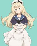  1girl blonde_hair blue_background blue_eyes blue_sailor_collar dress feet_out_of_frame gloves hat highres jervis_(kantai_collection) kantai_collection long_hair looking_at_viewer open_mouth sailor_collar sailor_dress sailor_hat short_sleeves simple_background smile solo ueno_(sakumogu-029) white_dress white_gloves white_hat 